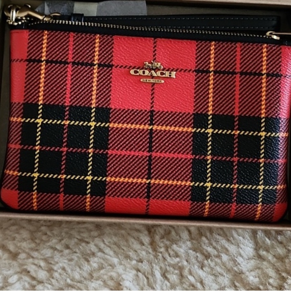 Coach Red Plaid Leather Wristlet Wallet - Picture 2 of 10